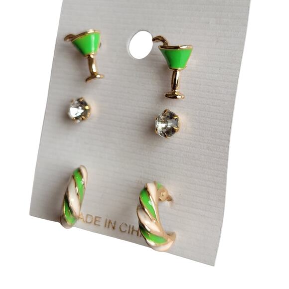 Green Cocktail Drink Stud Earrings Set Crystal Swirl Hoops 3 Pair, Free Gift Bag - Picture 3 of 6